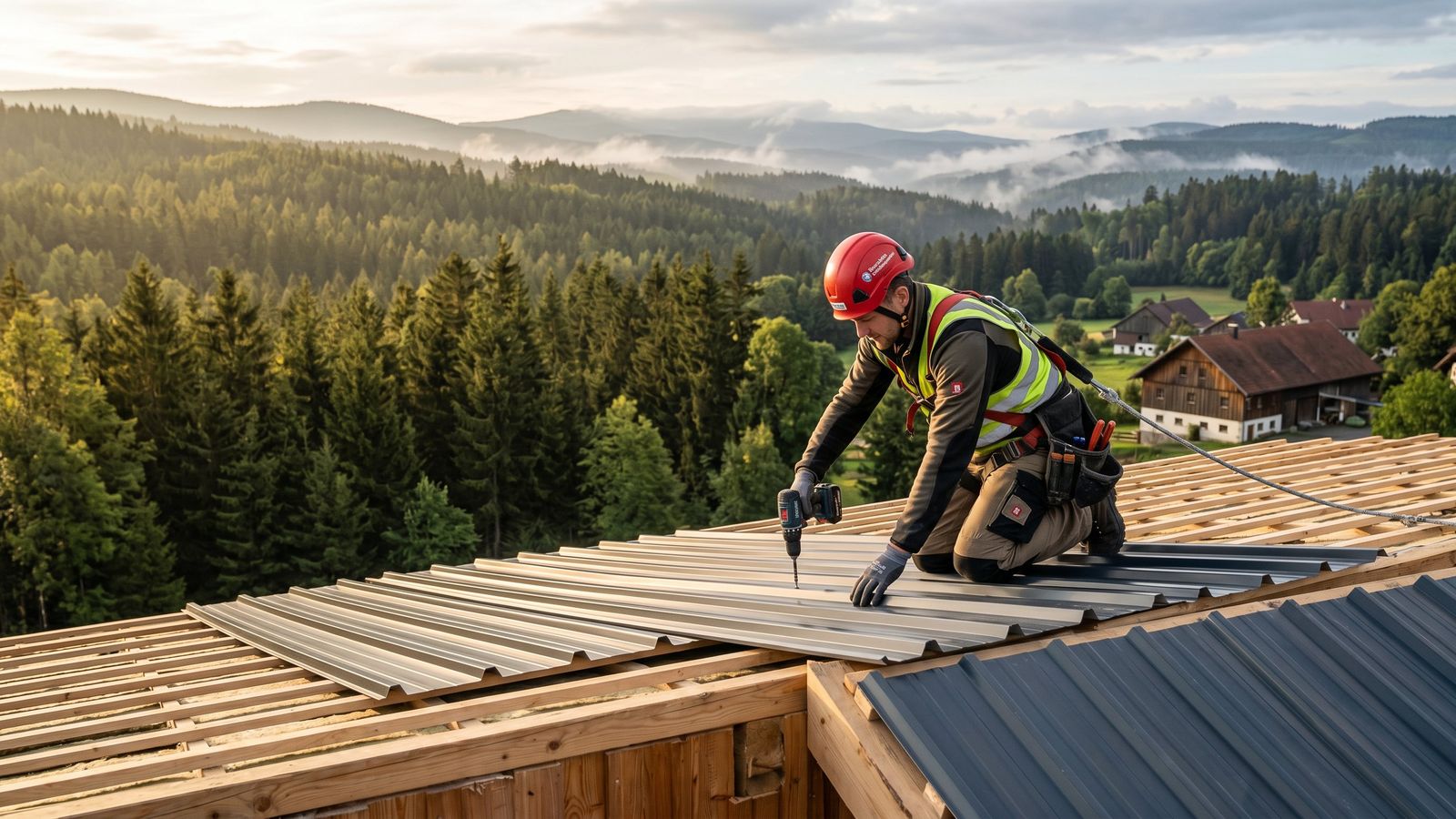 Dachdecker auf Trapezblechdach
